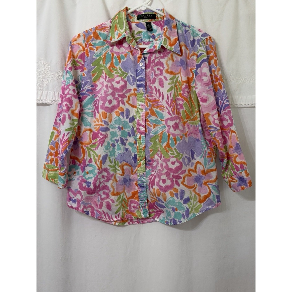 Lauren Ralph Lauren Petite Large 3/4 Length Sleeve Blouse Cotton Soft Colors